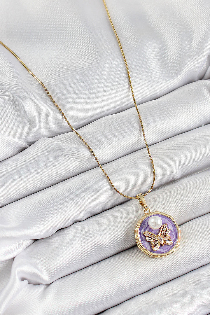 EBJ 316L Steel Chain with Zircon Stone Purple Artistic Portrait Pearl Detailed Butterfly Model Gold Color Women's Necklace - Boyarka