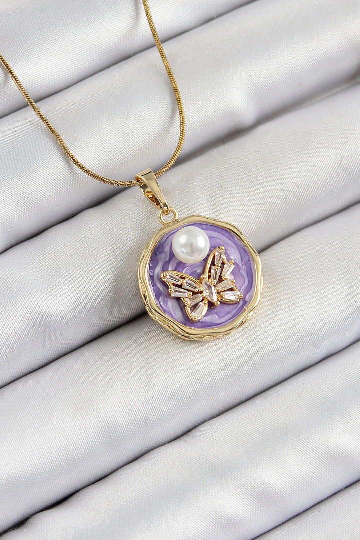 EBJ 316L Steel Chain with Zircon Stone Purple Artistic Portrait Pearl Detailed Butterfly Model Gold Color Women's Necklace - Boyarka