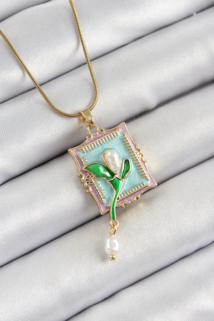EBJ 316L Steel Chain Turquoise Artistic Portrait Pendant with Pearl Detail Tulip Design Gold Color Women's Necklace - Innisfil