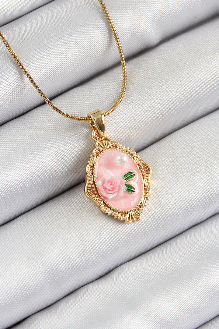 EBJ 316L Steel Chain Pink Artistic Portrait Pearl Detailed Rose Figured Model Gold Color Women's Necklace - Hofheim