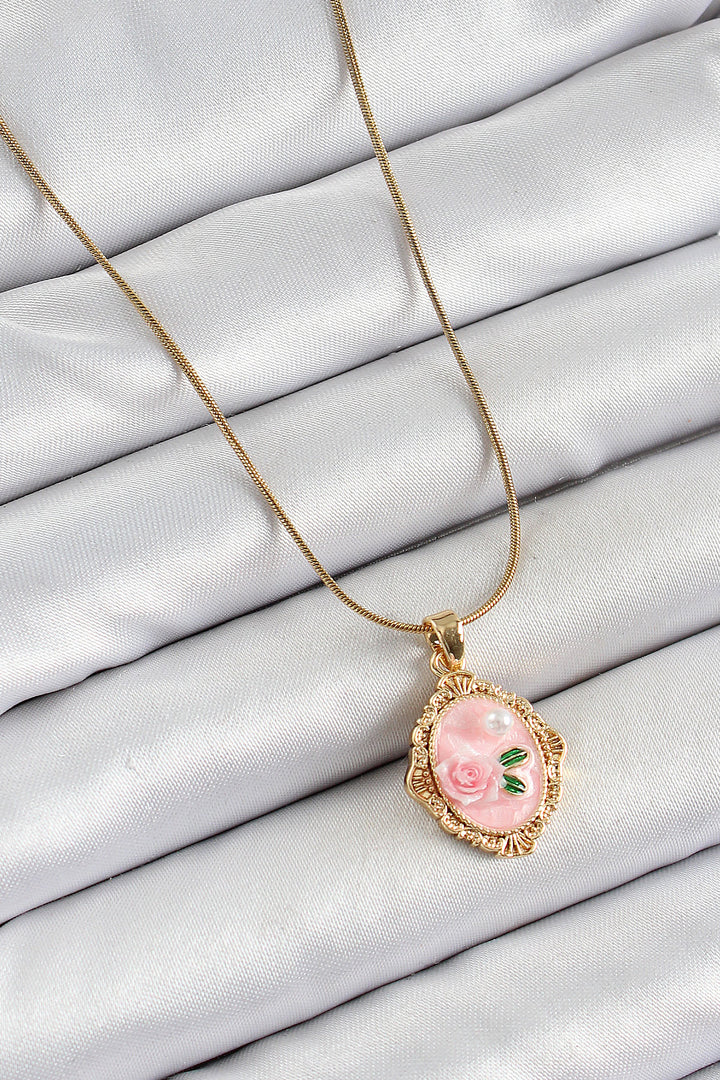 EBJ 316L Steel Chain Pink Artistic Portrait Pearl Detailed Rose Figured Model Gold Color Women's Necklace - Hofheim