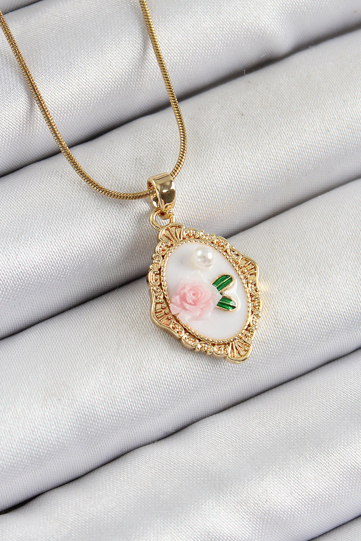 EBJ 316L Steel Chain White Artistic Portrait Pearl Detailed Rose Figured Model Gold Color Women's Necklace - Scottsdale