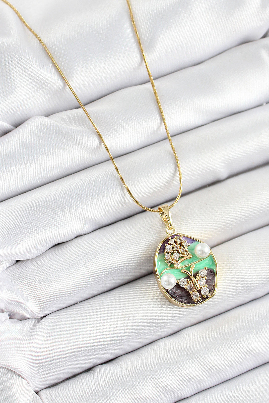 EBJ 316L Steel Chain with Zircon Stone Green Purple Artistic Portrait Pearl Detailed Tree and Butterfly Figured Model Gold Color Women's Necklace - Tooele