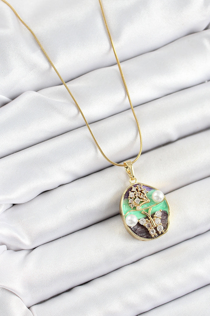 EBJ 316L Steel Chain with Zircon Stone Green Purple Artistic Portrait Pearl Detailed Tree and Butterfly Figured Model Gold Color Women's Necklace - Tooele