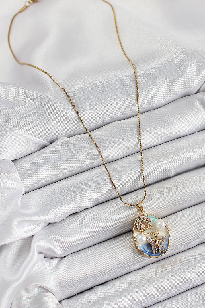 EBJ 316L Steel Chain with Zircon Stone Blue White Artistic Portrait Pearl Detailed Tree and Butterfly Figured Model Gold Color Women's Necklace - Gilroy