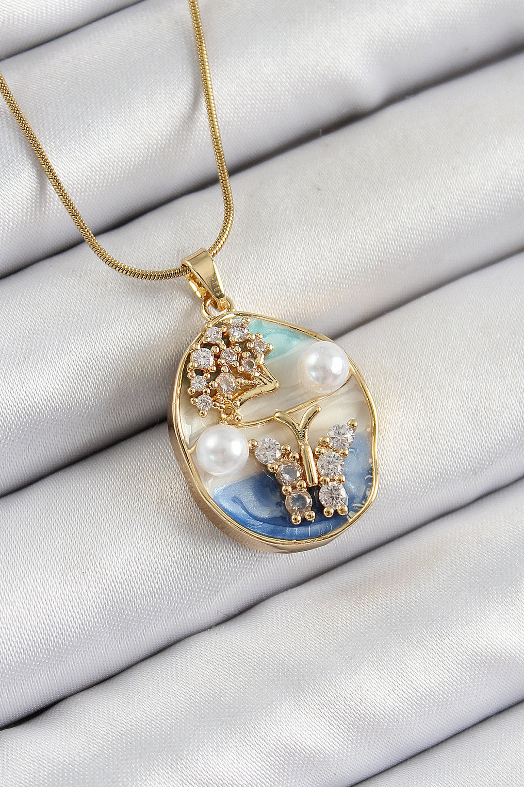 EBJ 316L Steel Chain with Zircon Stone Blue White Artistic Portrait Pearl Detailed Tree and Butterfly Figured Model Gold Color Women's Necklace - Gilroy