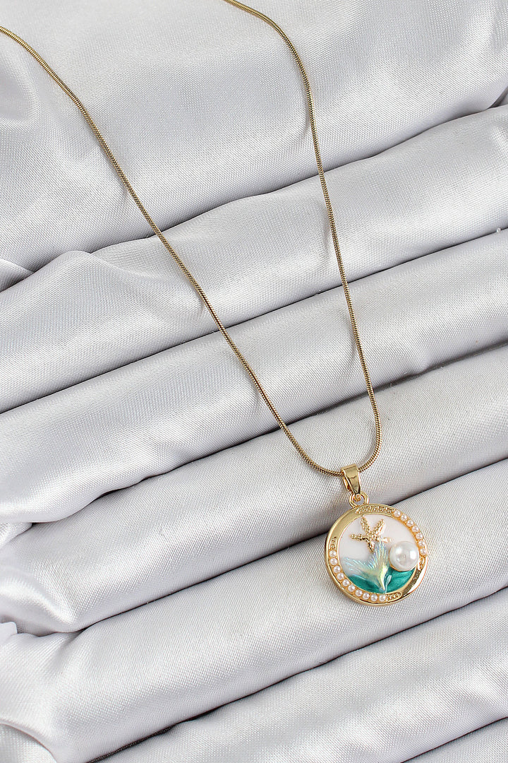 EBJ 316L Steel Chain White Enamel Artistic Portrait Pearl Detailed Starfish Model Gold Color Women's Necklace - Stavroúpoli