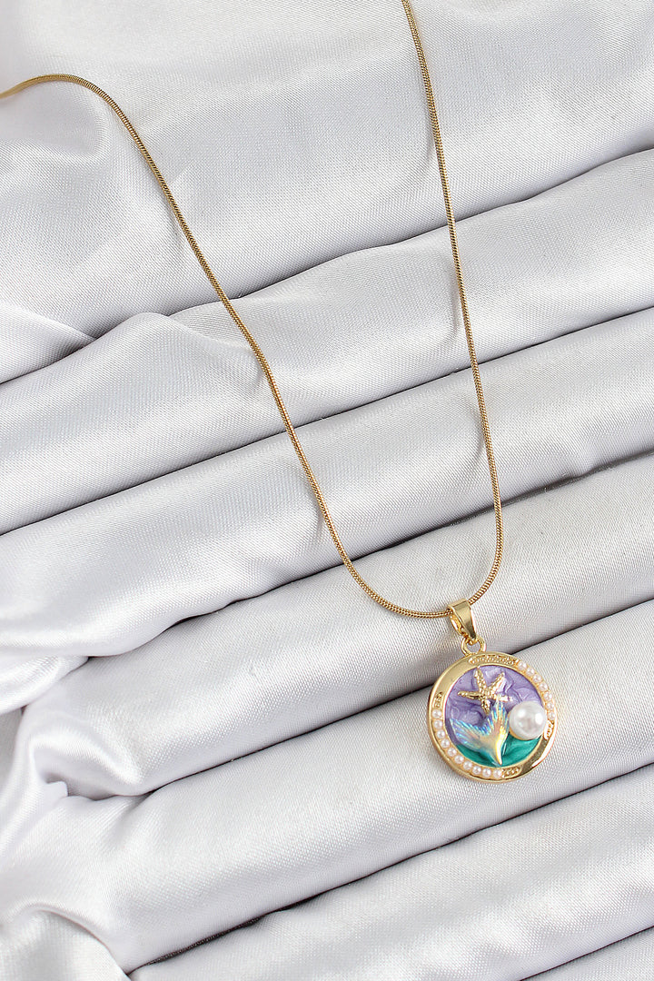 EBJ 316L Steel Chain Purple Enamel Artistic Portrait Pearl Detailed Starfish Model Gold Color Women's Necklace - Dos Hermanas
