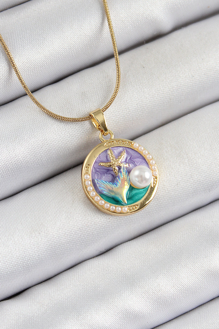 EBJ 316L Steel Chain Purple Enamel Artistic Portrait Pearl Detailed Starfish Model Gold Color Women's Necklace - Dos Hermanas