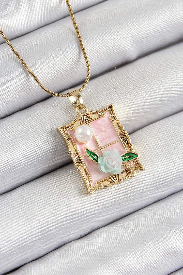 EBJ 316L Steel Chain Pink Artistic Portrait Pearl Detailed Rose Figured Model Gold Color Women's Necklace - Burnsville
