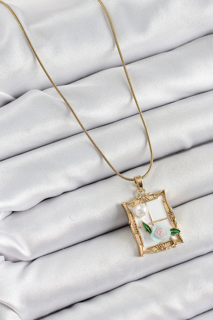 EBJ 316L Steel Chain White Artistic Portrait Pearl Detailed Rose Figure Model Gold Color Women's Necklace - Berkeley