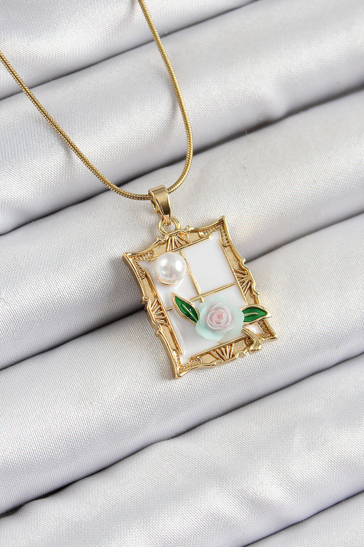 EBJ 316L Steel Chain White Artistic Portrait Pearl Detailed Rose Figure Model Gold Color Women's Necklace - Berkeley