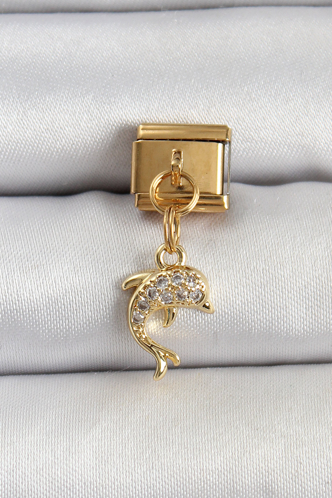 EBJ 316L Stainless Steel Dangling Dolphin Model Gold Color Nomination Charm with Zircon Stone - Hoofddorp
