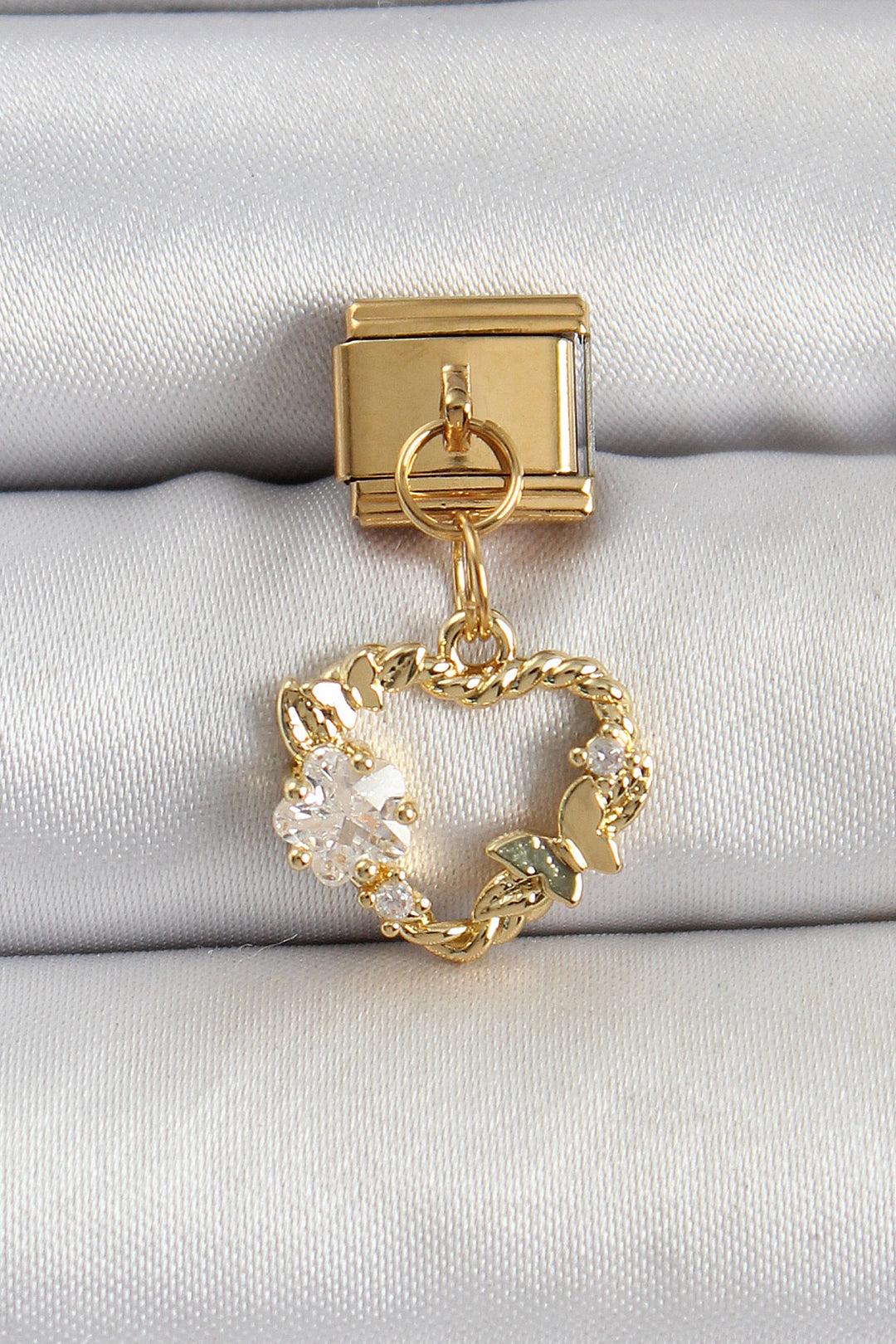 EBJ 316L Stainless Steel Dangling Heart Model Gold Color Nomination Charm with Zircon Stone - Waalwijk