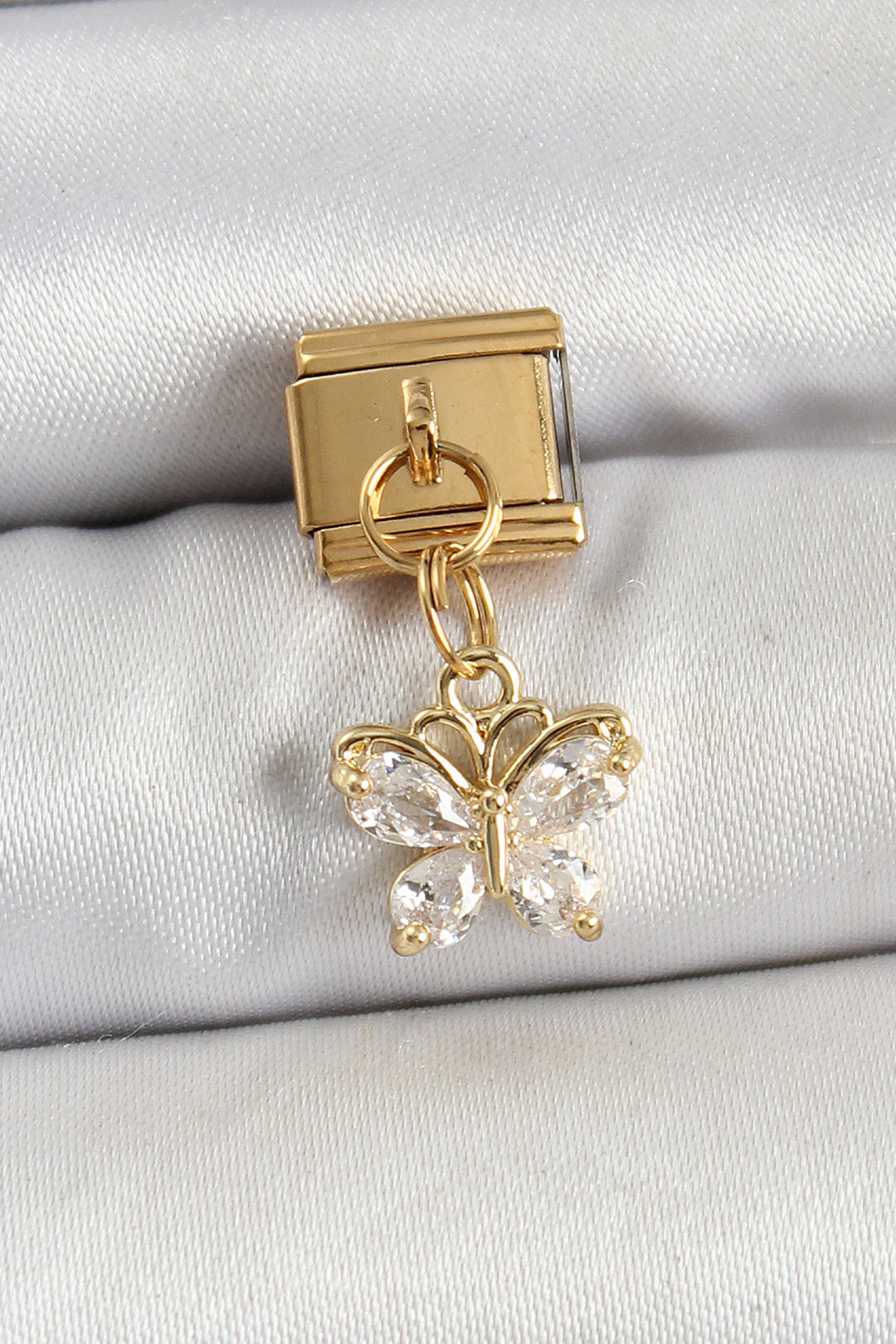 EBJ 316L Stainless Steel Dangling Butterfly Model Gold Color Nomination Charm with Zircon Stone - Mansfield