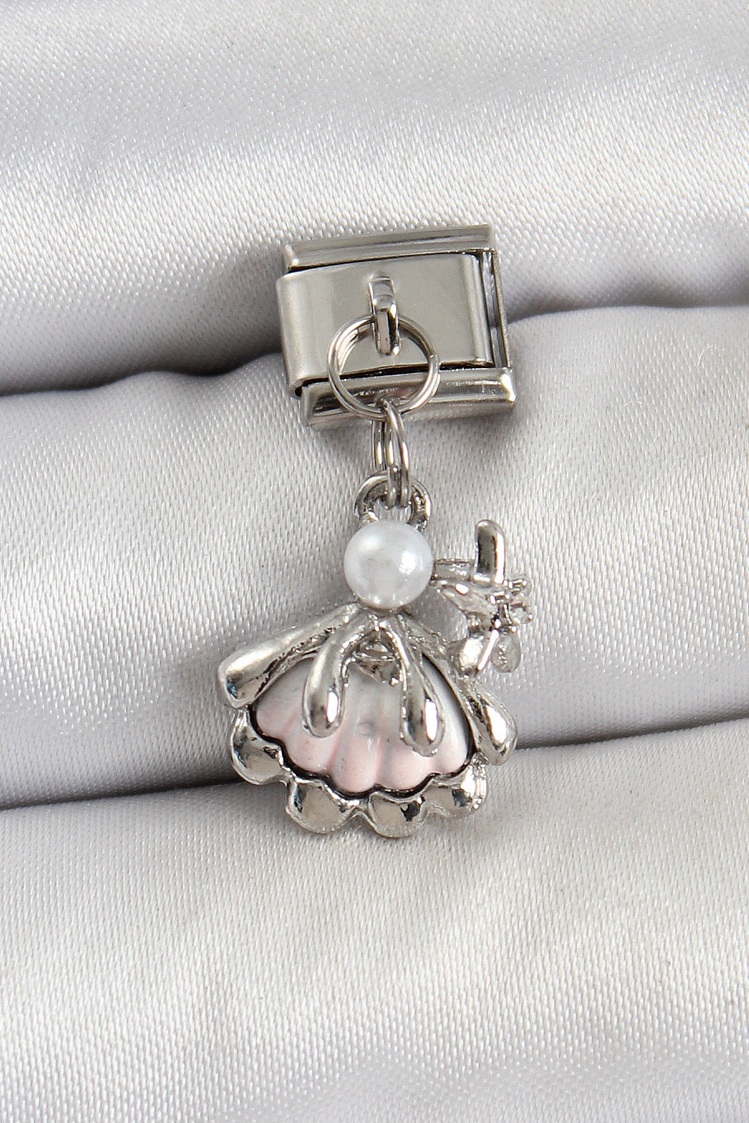 EBJ 316L Stainless Steel Dangling Pearl Detailed Oyster Model Silver Color Nomination Charm - Woodley