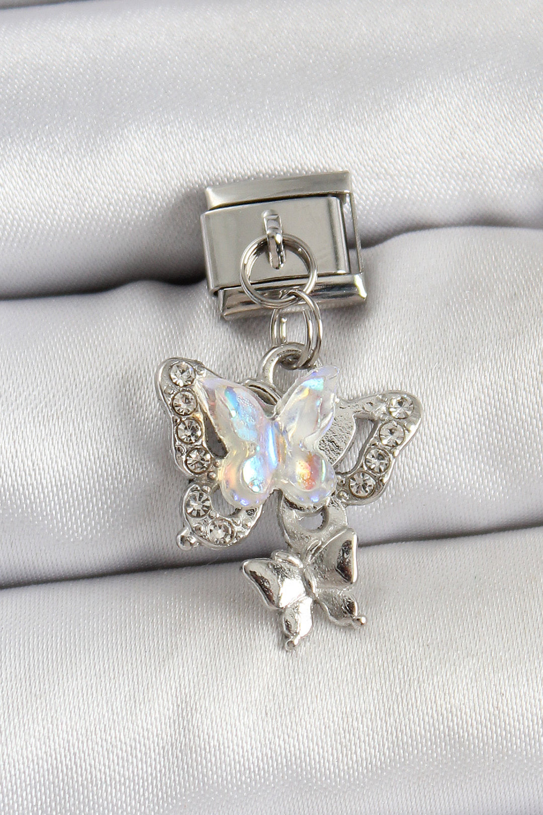 EBJ 316L Stainless Steel Dangling Butterfly Model Charm with Zircon Stone in Silver Color by Nomination - Arad
