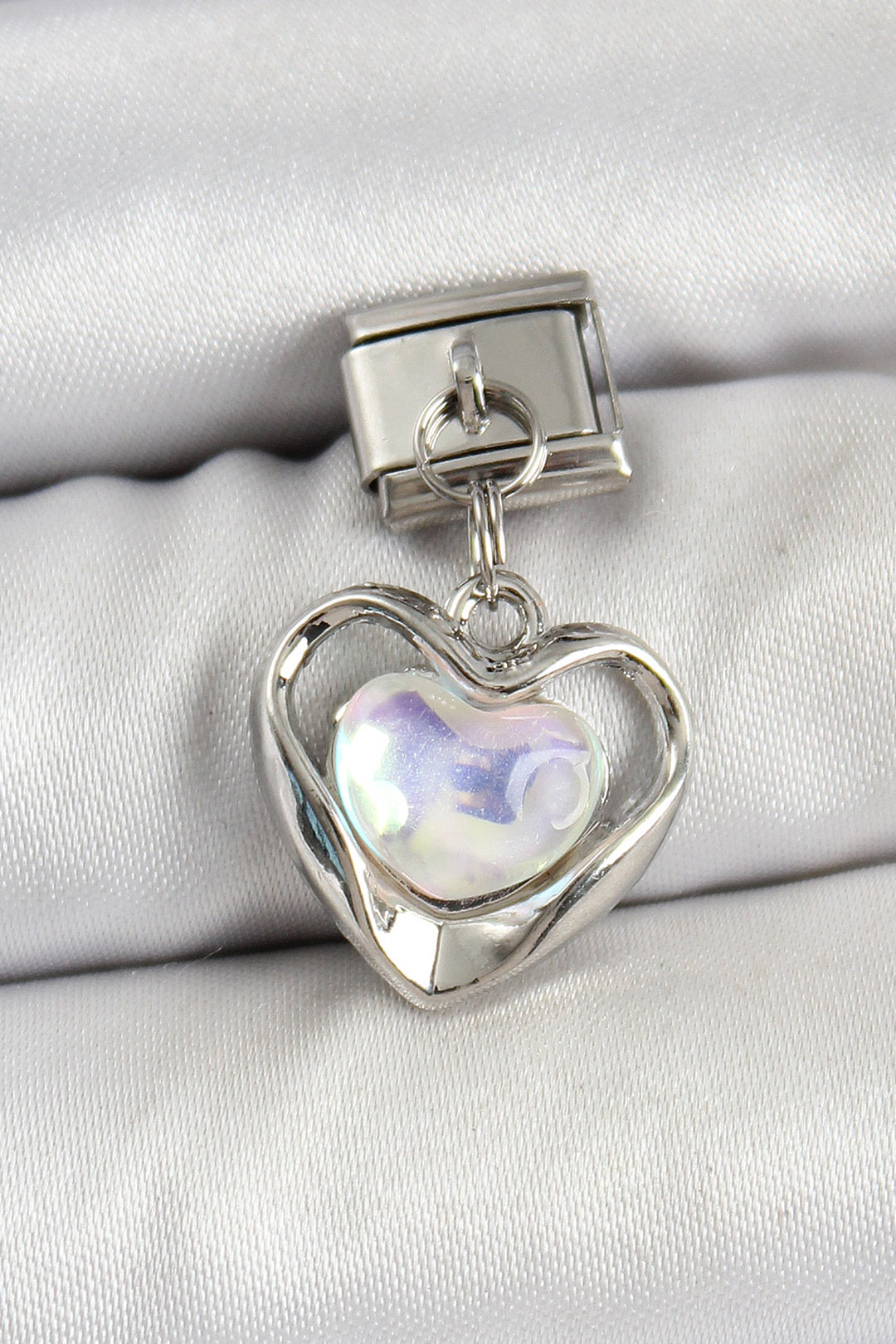 EBJ 316L Stainless Steel Dangling Heart Model Silver Color Nomination Charm with Zircon Stone - Salerno