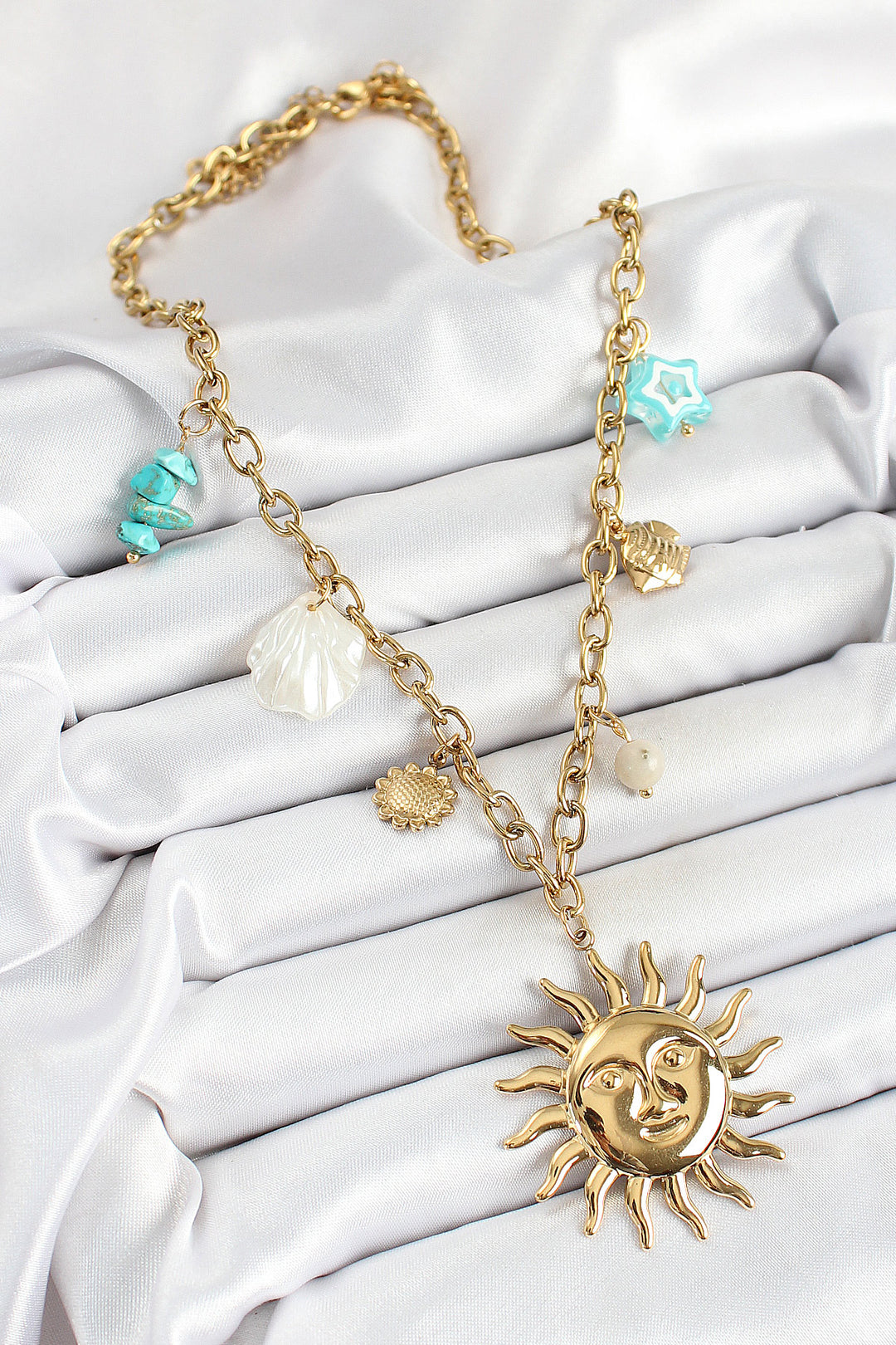 EBJ 316L Steel Gold Color Sun and Sea Shells Concept Women's Necklace - Kamen