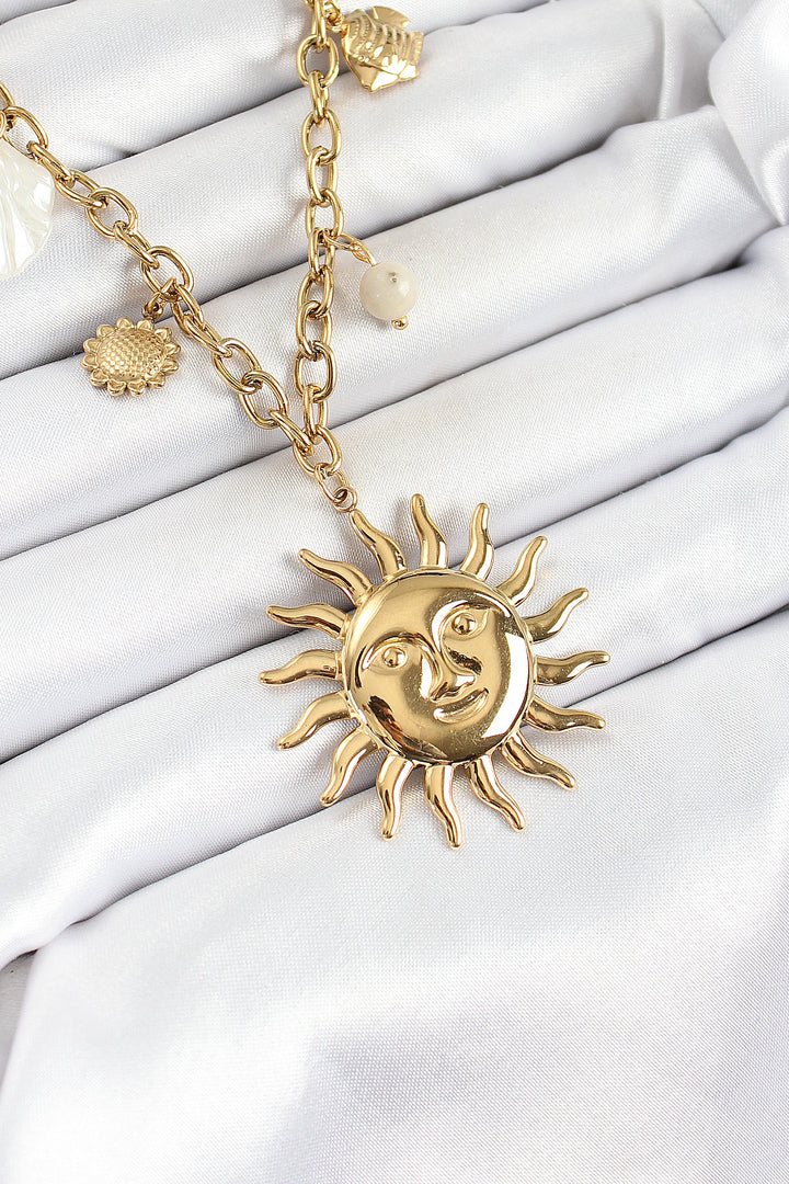 EBJ 316L Steel Gold Color Sun and Sea Shells Concept Women's Necklace - Kamen