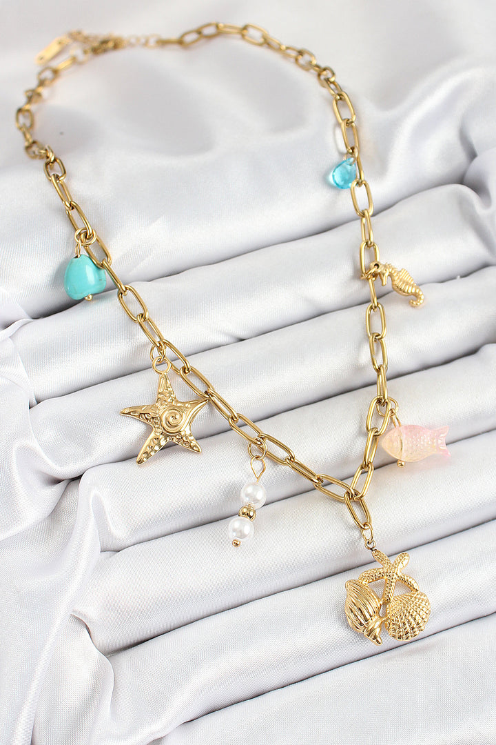 EBJ 316L Steel Gold Color Starfish and Seashell Concept Women's Necklace - Bad Oeynhausen