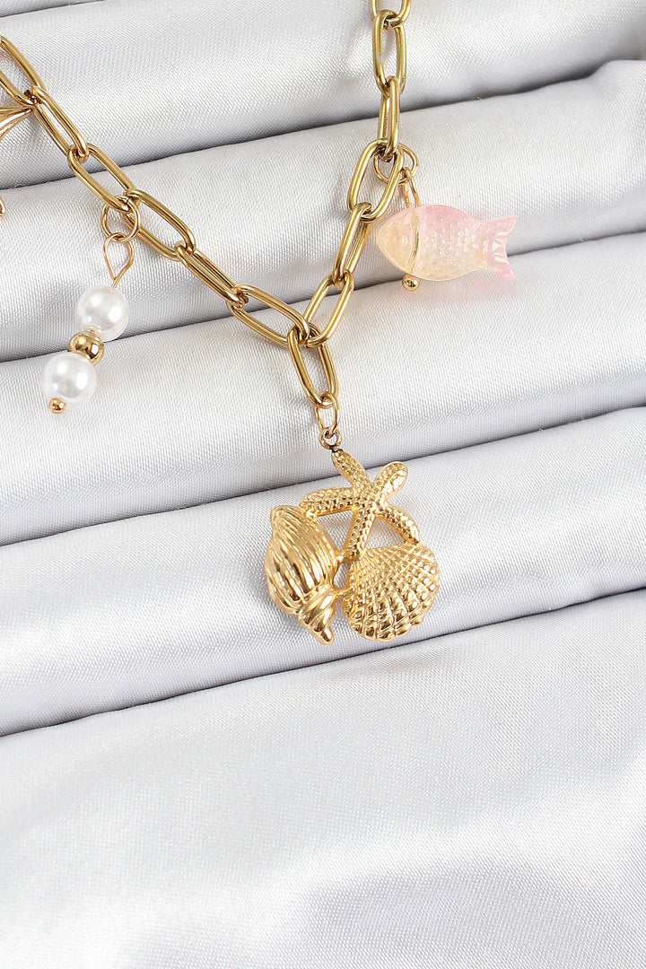 EBJ 316L Steel Gold Color Starfish and Seashell Concept Women's Necklace - Bad Oeynhausen