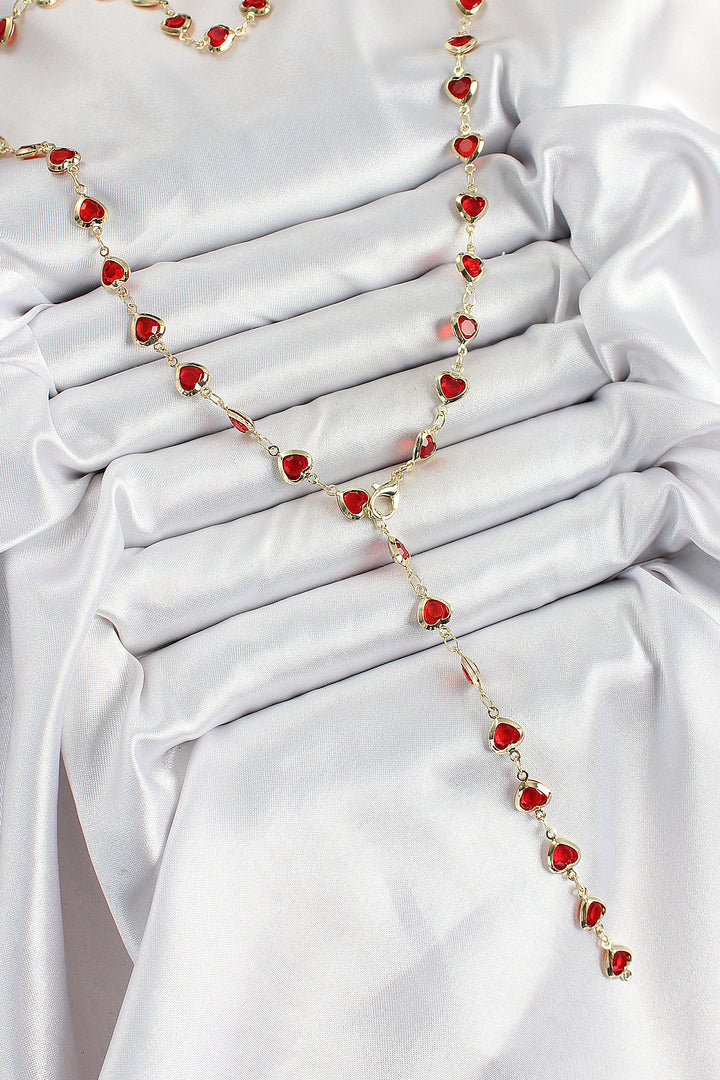 EBJ Rice Gold Color Red Zircon Stone Heart-shaped Y Women's Necklace - Holly Springs
