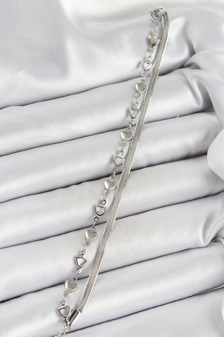EBJ 316L Stainless Steel Silver Color Heart Chain and Italian Chain 2-Piece Women's Bracelet - Huebampo