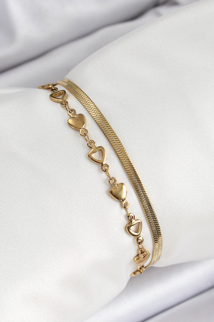 EBJ 316L Steel Gold Color Heart Chain and Italian Chain 2-Piece Women's Bracelet - Mansfield