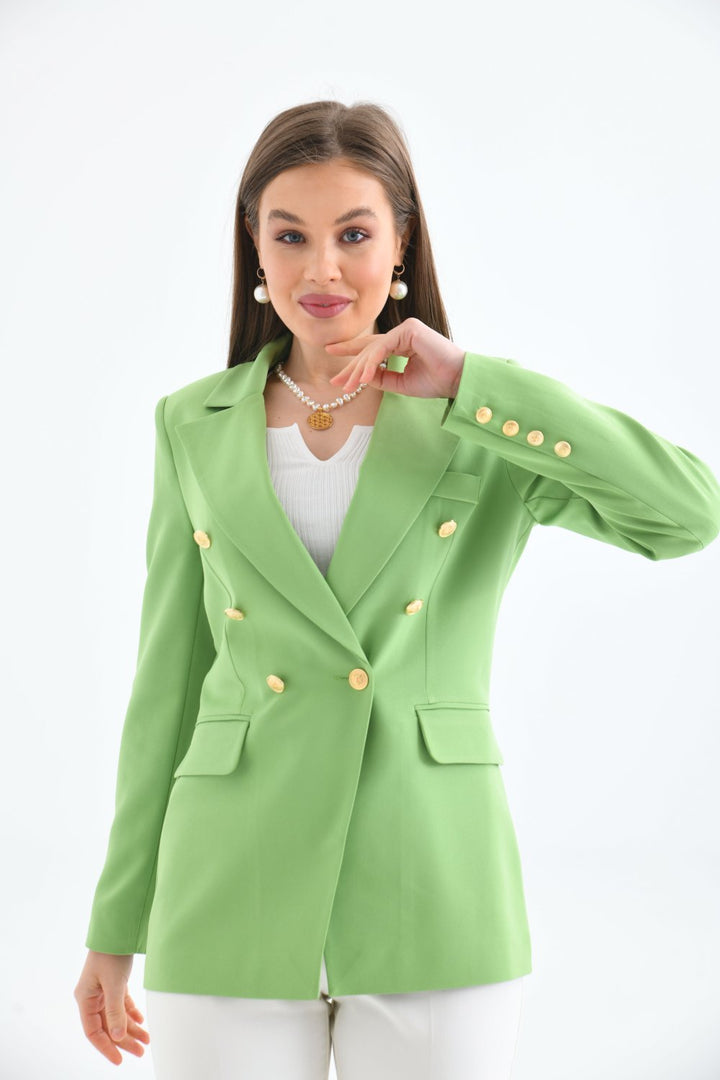 NDL Women Buttoned Sleeve Blazer Women's Jacket Pistachio Green - Hickory
