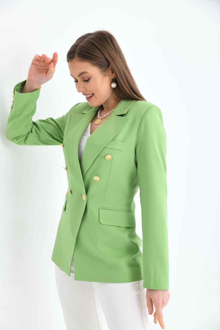 NDL Women Buttoned Sleeve Blazer Women's Jacket Pistachio Green - Hickory
