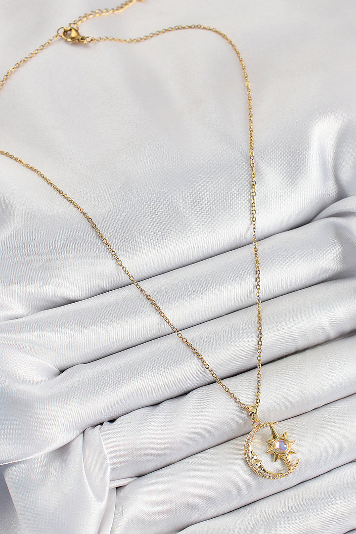 EBJ 316L Steel Zircon Stone Polaris Crescent Star Model Gold Color Women's Necklace - Dronten