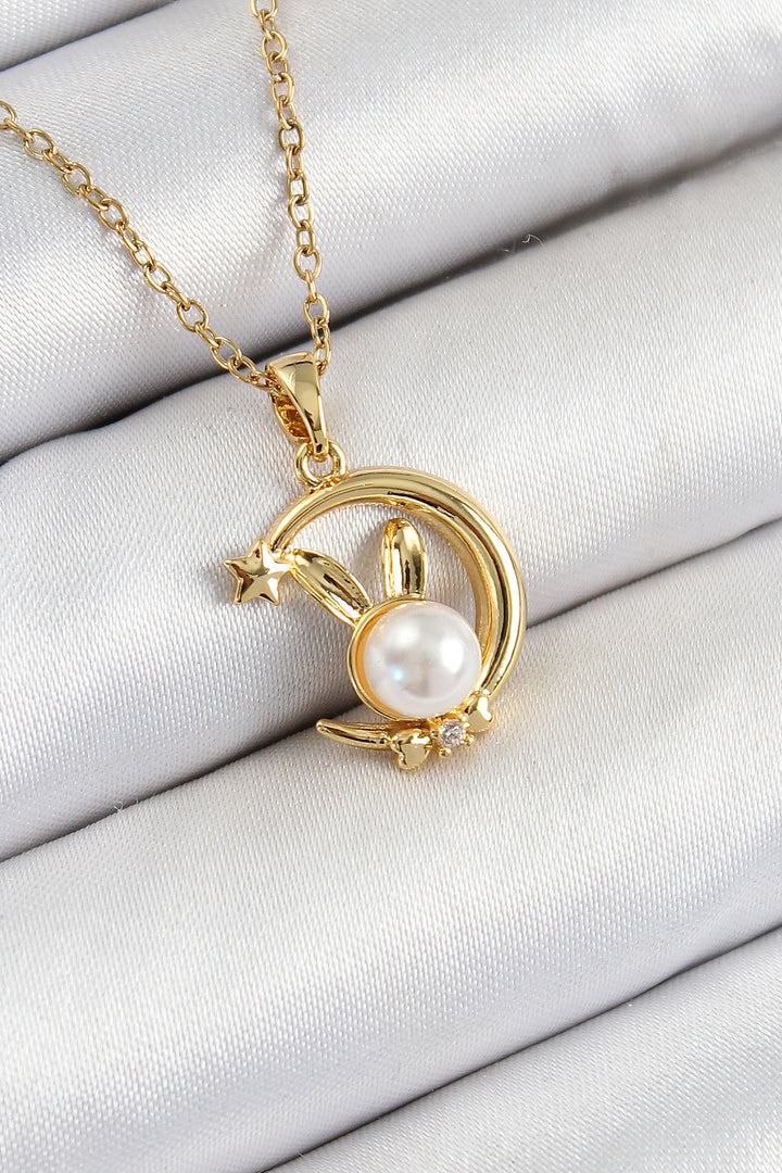 EBJ 316L Stainless Steel Pearl Detailed Crescent Rabbit Model Gold Color Women's Necklace - Lelystad