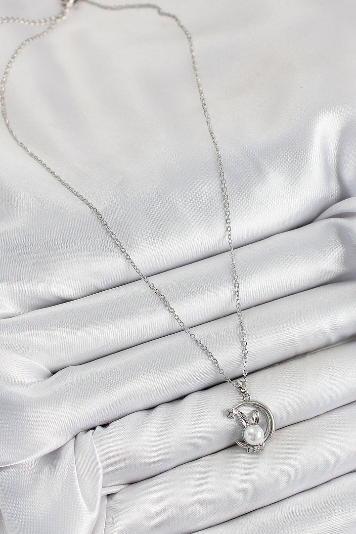 EBJ 316L Stainless Steel Pearl Detailed Crescent Rabbit Model Silver Color Women's Necklace - Zwolle