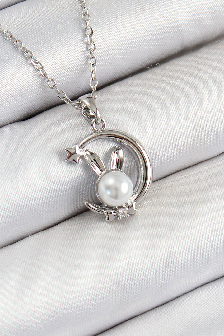 EBJ 316L Stainless Steel Pearl Detailed Crescent Rabbit Model Silver Color Women's Necklace - Zwolle