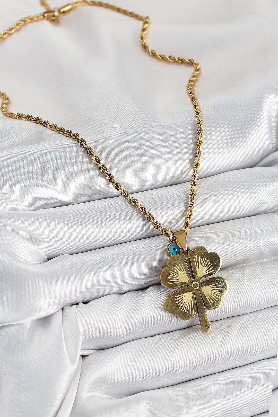 EBJ 316L Steel Spiral Chain Evil Eye Detailed Clover Model Gold Color Women's Necklace - Bootle