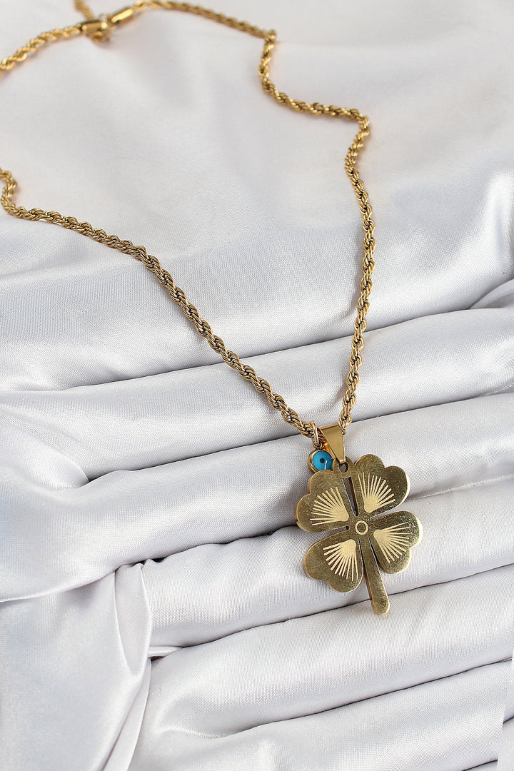 EBJ 316L Steel Spiral Chain Evil Eye Detailed Clover Model Gold Color Women's Necklace - Bootle