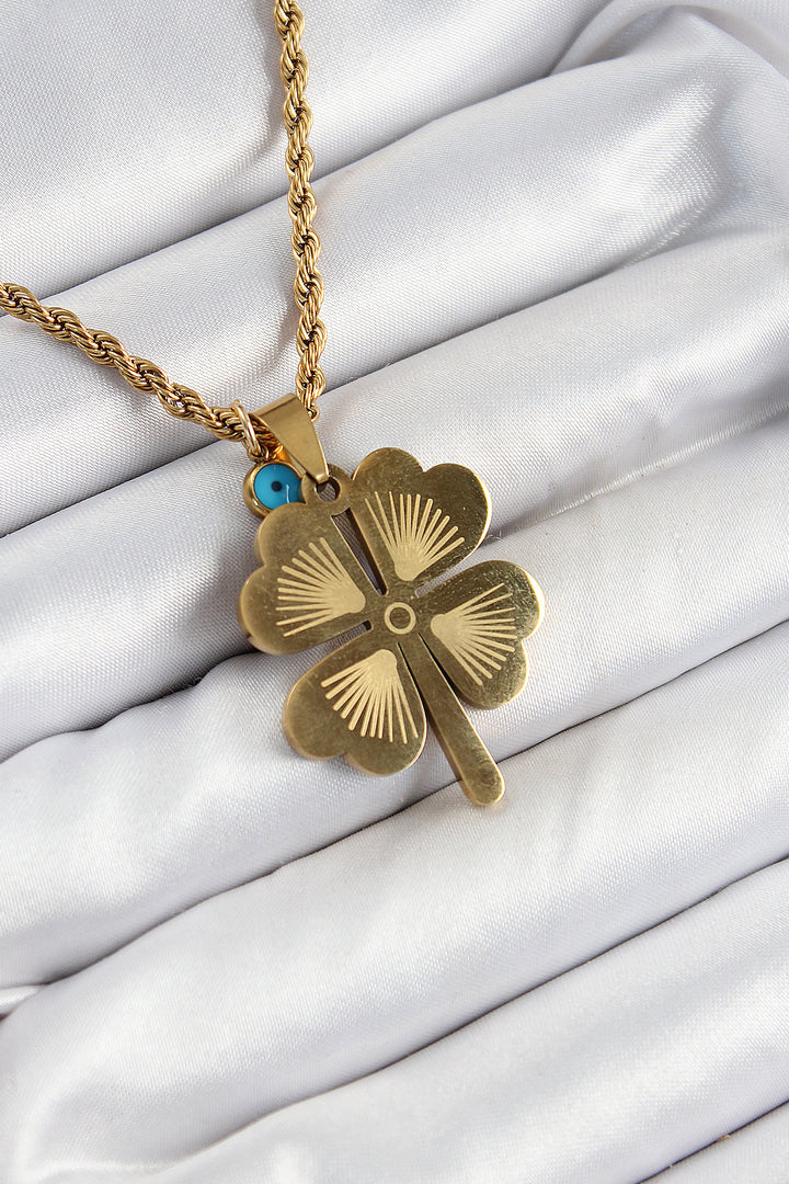 EBJ 316L Steel Spiral Chain Evil Eye Detailed Clover Model Gold Color Women's Necklace - Bootle
