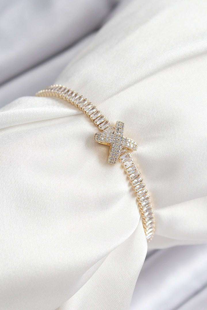 EBJ Rice Zircon Stone Detailed Waterway Model Gold Color Elevator Women's Bracelet - Spanish Fork