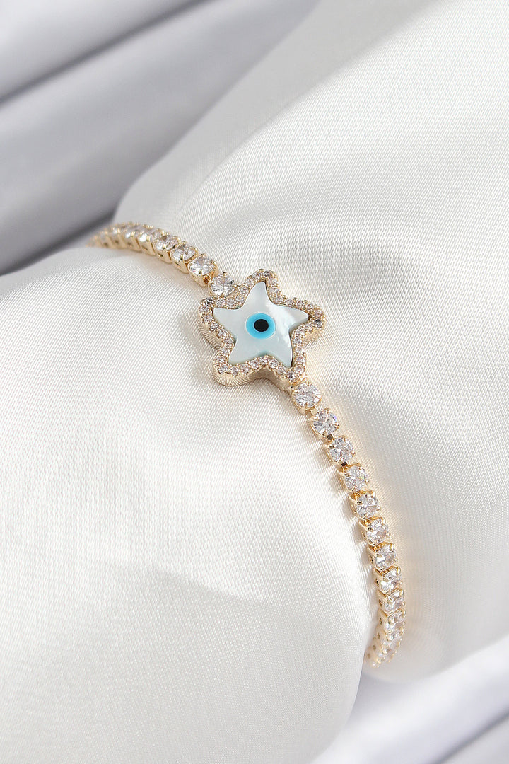 EBJ Rice Zircon Stone Evil Eye Star Model Gold Color Elevator Women's Bracelet - Fargo