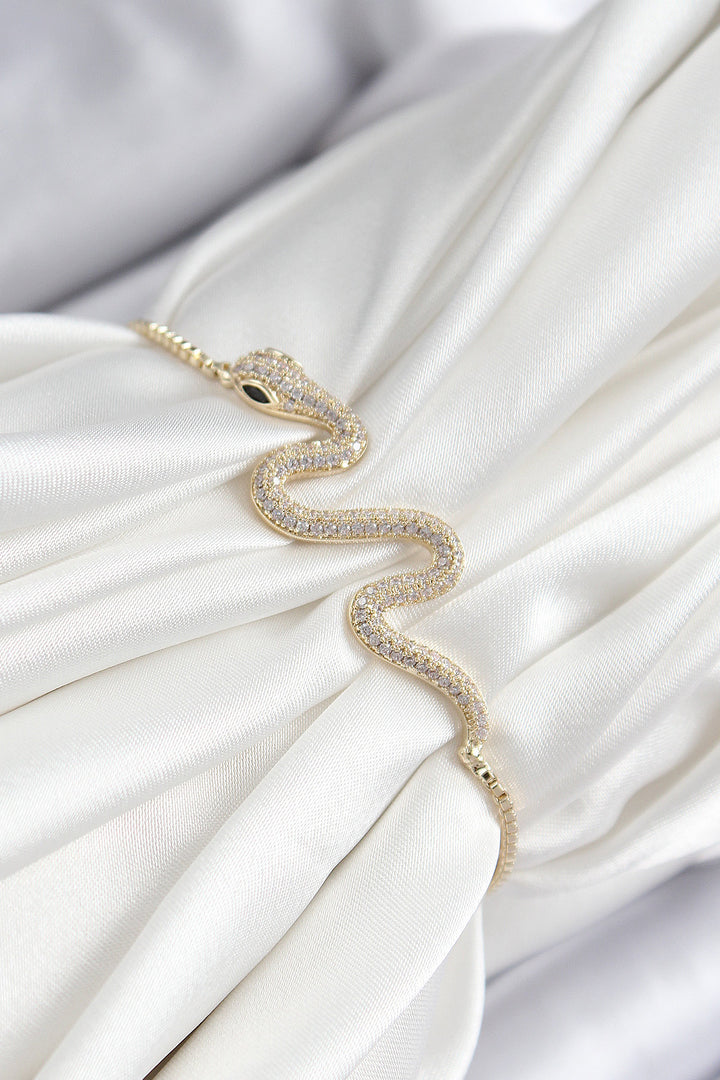 EBJ Rice Zircon Stone Snake Model Gold Color Elevator Women's Bracelet - Neu Isenburg