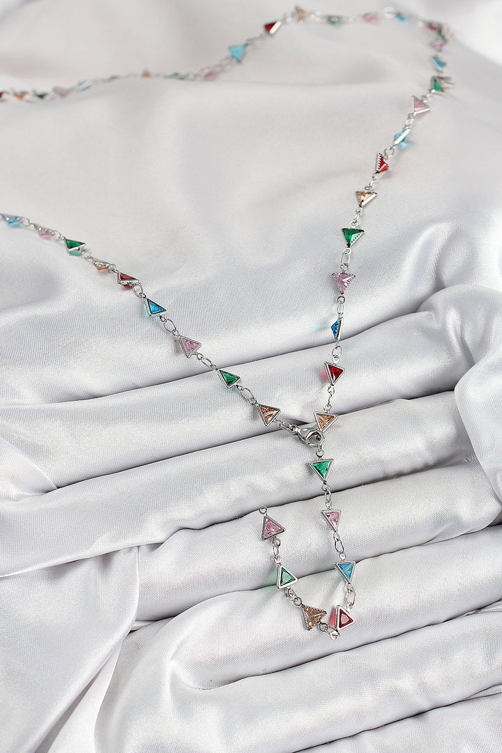 EBJ Triangle Model Silver Color Women's Y Necklace with Rice Colored Zircon Stone - Hayward