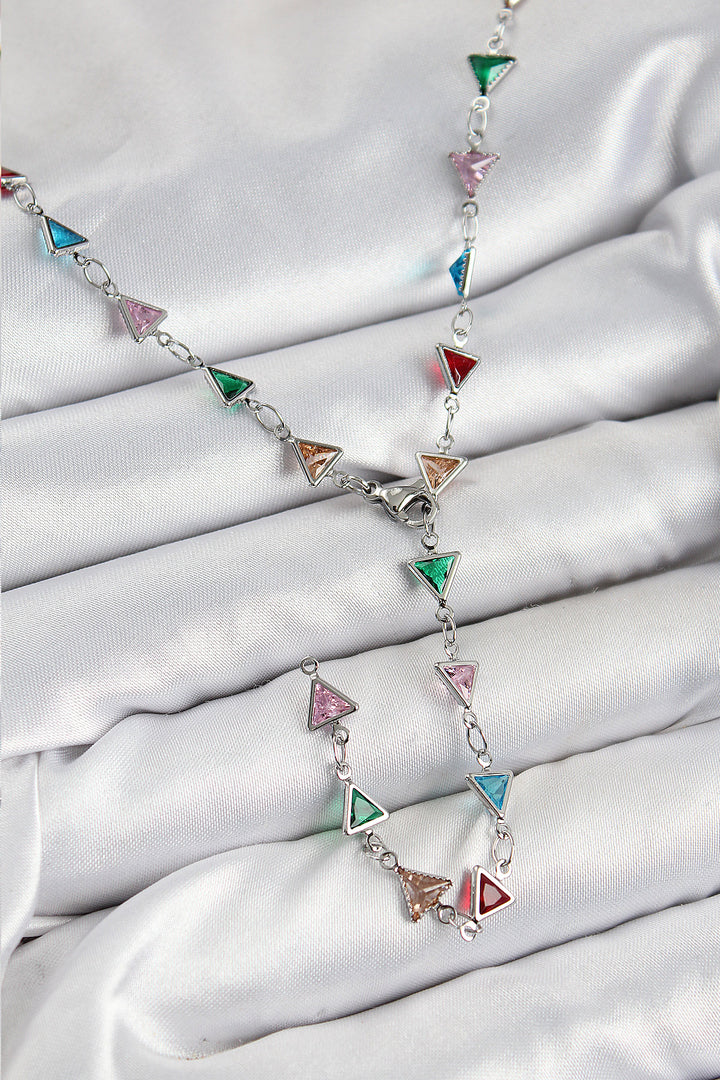 EBJ Triangle Model Silver Color Women's Y Necklace with Rice Colored Zircon Stone - Hayward