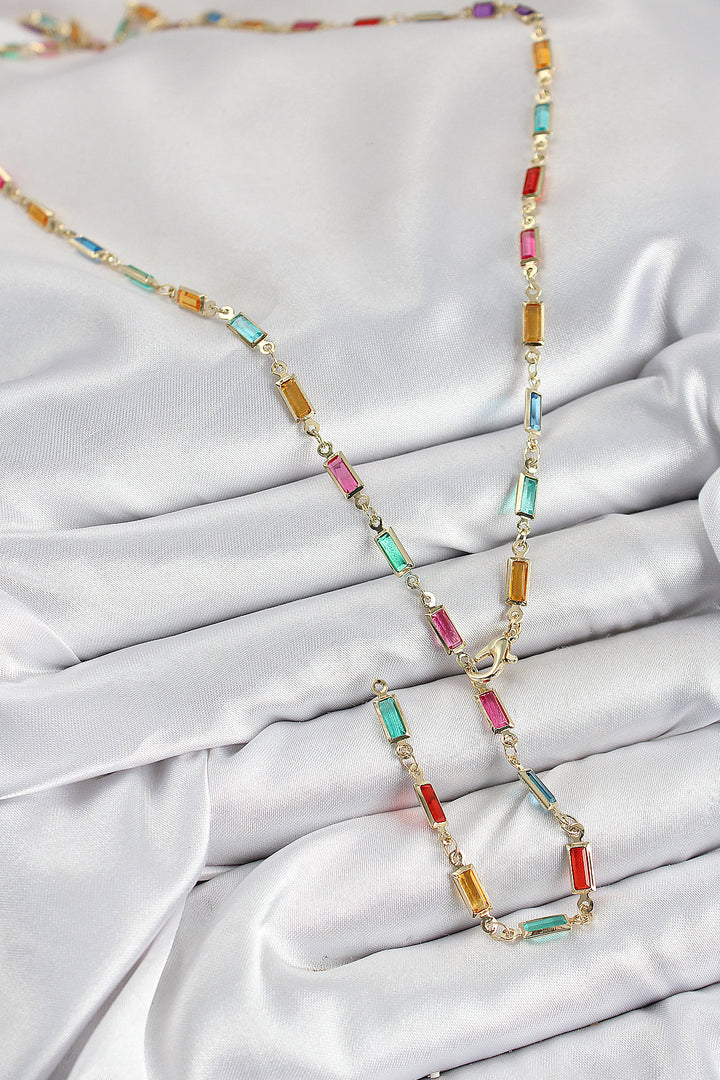 EBJ Gold Color Women's Y Necklace with Rectangular Model Zircon Stone in Rice Color - Ninove