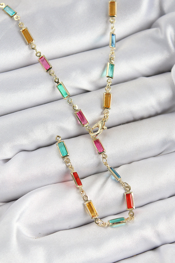 EBJ Gold Color Women's Y Necklace with Rectangular Model Zircon Stone in Rice Color - Ninove