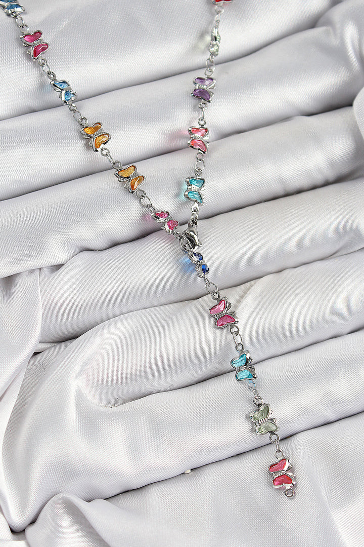 EBJ Silver Color Women's Y Necklace with Rice Colored Zircon Stone Butterfly Model - Hellevoetsluis