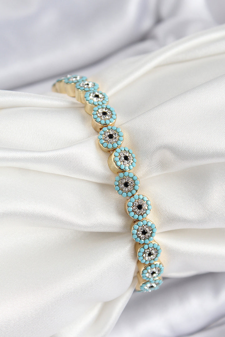 EBJ Rice Zircon Stone Turquoise Evil Eye Model Gold Color Elastic Women's Bracelet - Hoorn