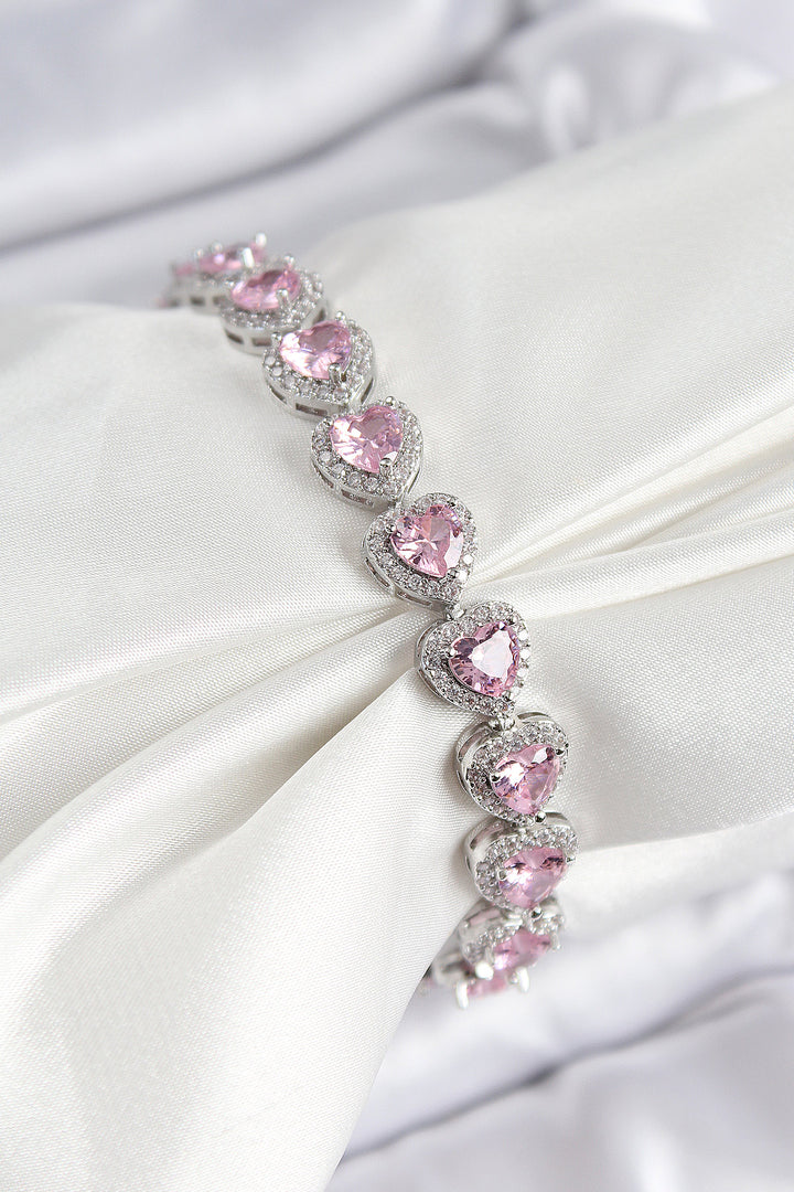 EBJ Silver Color VIP Series Women's Bracelet with Rice Zircon Stone Pink Heart Baguette Model - Bremen