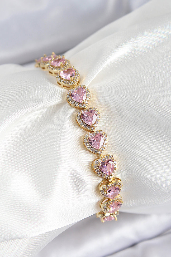 EBJ Rice Zircon Stone Pink Heart Baguette Model Gold Color VIP Series Women's Bracelet - Washington