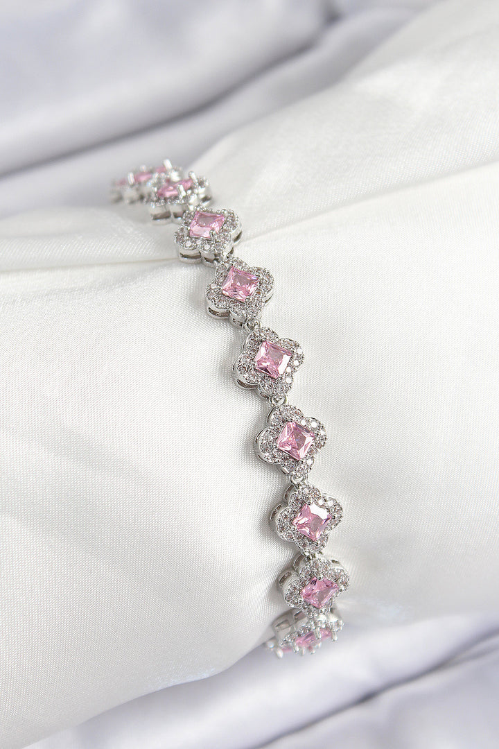 EBJ Rice Zircon Stone Pink Clover Baguette Model Silver Color VIP Series Women's Bracelet - Hampstead